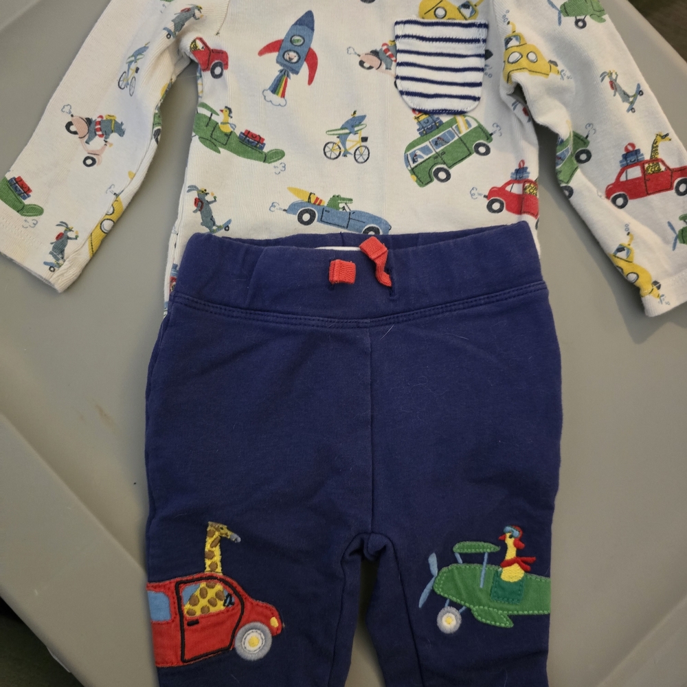Baby Boden White and Navy Outfit with Vehicle Print